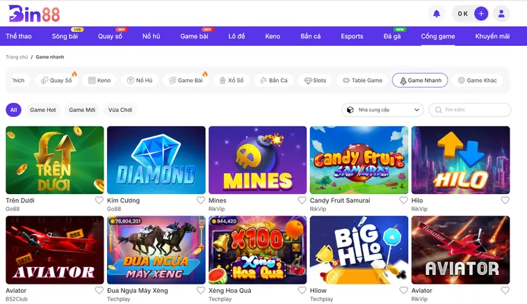 Đa Dạng Trò Chơi Tại Sảnh Game Nhanh Bin88 Với Tỷ Lệ Trả Thưởng Siêu Cao