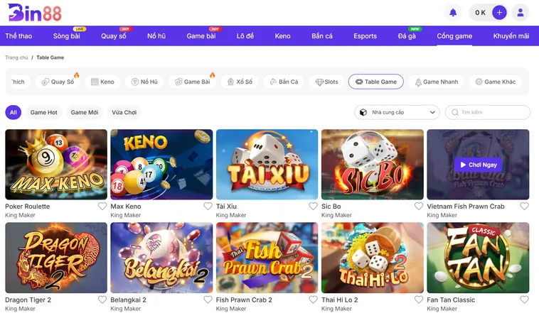 Kho Trò Chơi Khổng Lồ Tại Sảnh Table Game Bin88 Đỉnh Cao Dành Cho Các Cao Thủ Săn Thưởng